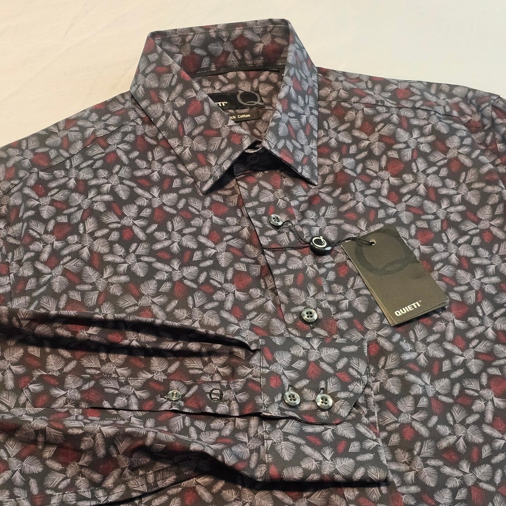 Quieti Stretch Cotton S Small Long Sleeve Black Leave Pattern Shirt NWT L974‎